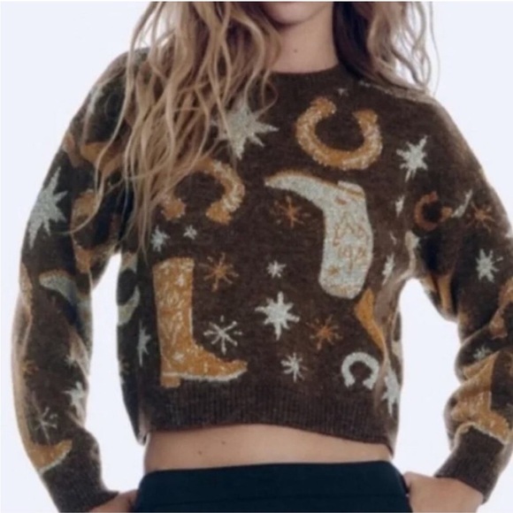 ZARA Western Cowboy Boot Nashville Horseshoe Sweater Brown Metallic Jacquard S - Picture 11 of 11